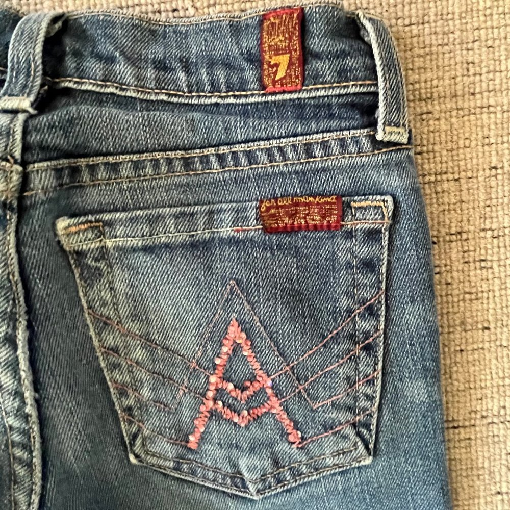 7 For All Mankind Pink Rhinestone "A" Pocket Flare Jeans